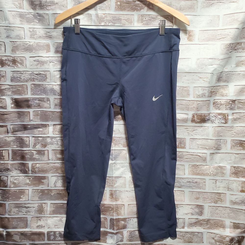 Nike Womens Athletic Leggings L Navy Blue Calf Length Mesh